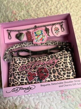 Ed Hardy Leopard Print Baguette Bag with Pink Logo and Red Rose Patch